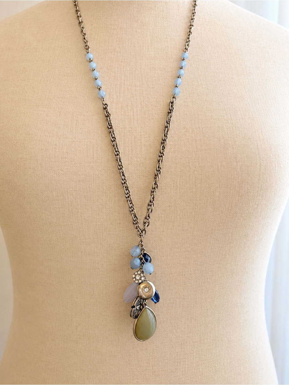 Lane Bryant Silver Tone Beaded Cluster Pendant Long Necklace
